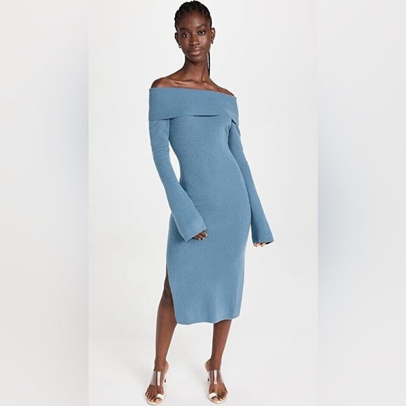 NAADAM Dresses & Skirts - NAADAM Wool Cashmere Blend Off the Shoulder Midi Dress in Slate Blue Size XS